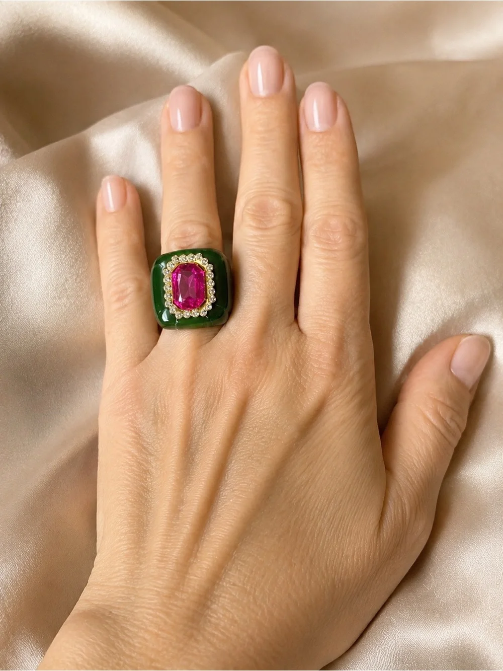 Italian Luxury Jewelry Green Statement Ring Pink Crystal Rhinestone Size 7.5
